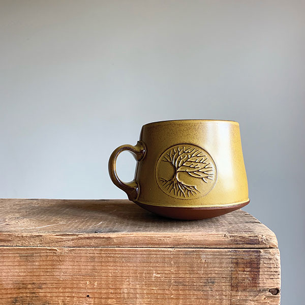 7 Gnarly Tree Mug, 5 in. (13 cm) in width, red stoneware.