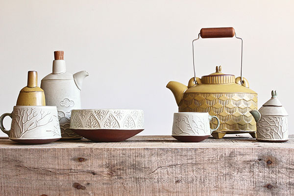1 Group shot of textured slab-built pots, various sizes, red stoneware.