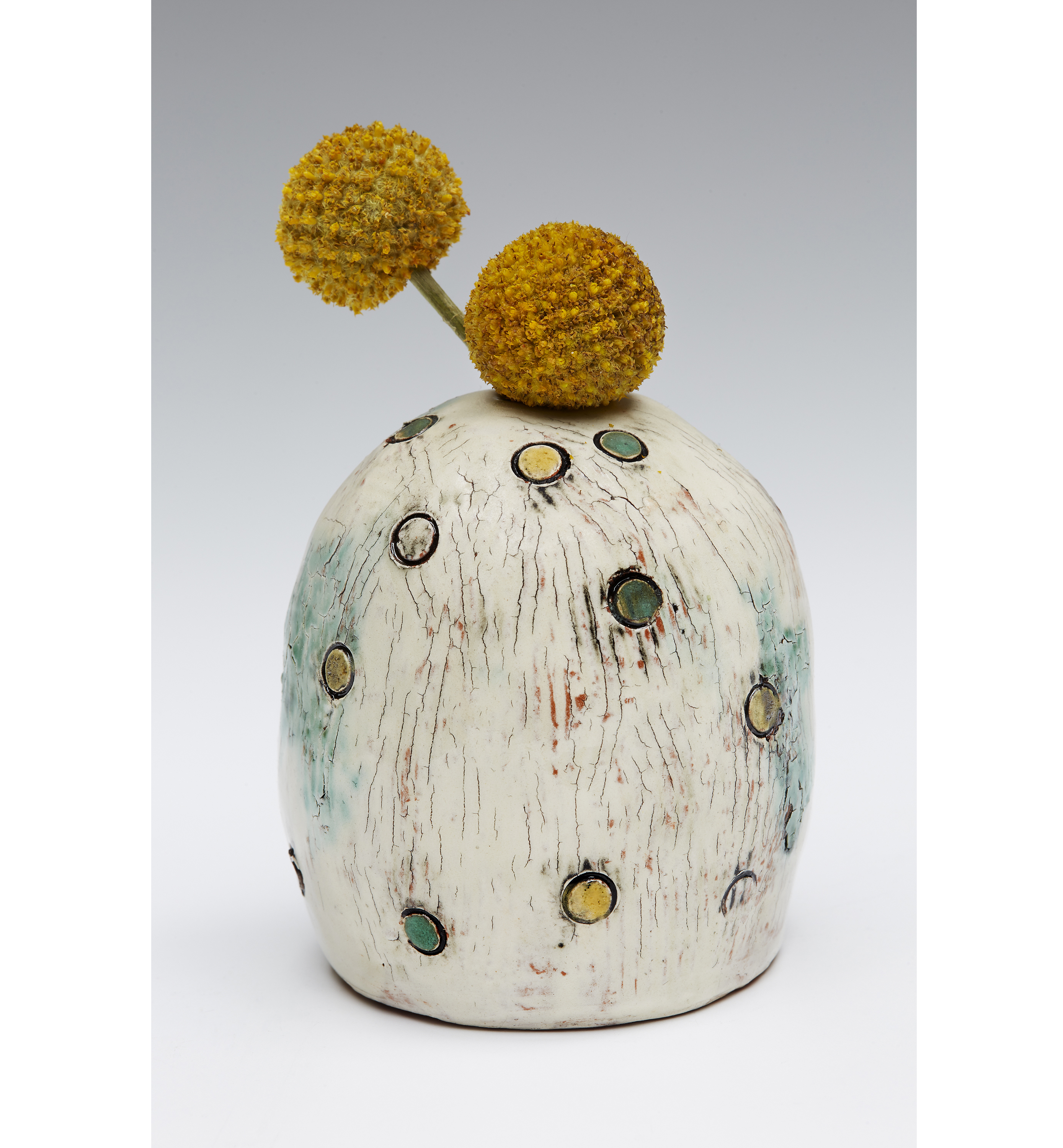 Judith Yourman, Bud vase, 3.24 in. (8 cm) in height, earthenware, stains, slip, glazes, fired to cone 4, 2019.  /ican/portfolio/yourman-judith/  www.instagram.com