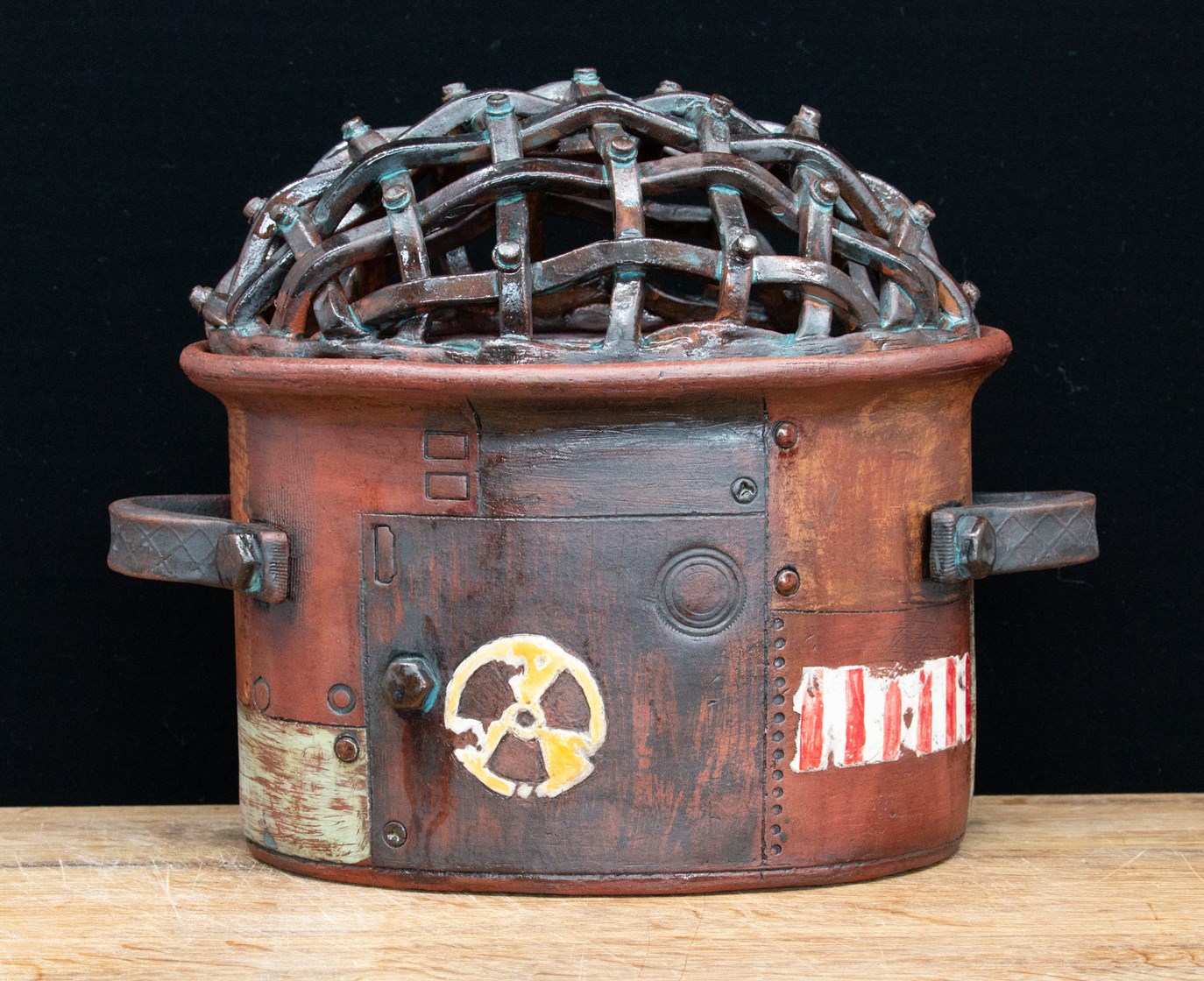 Alexandra Niko, Heavy Metals, 10 in. (25 cm) in height, stoneware, terra sigillata, stains, glazes, borax wash, mono-printed transfers, fired to cone 6 in an electric kiln. www.daydreamceramics.art 