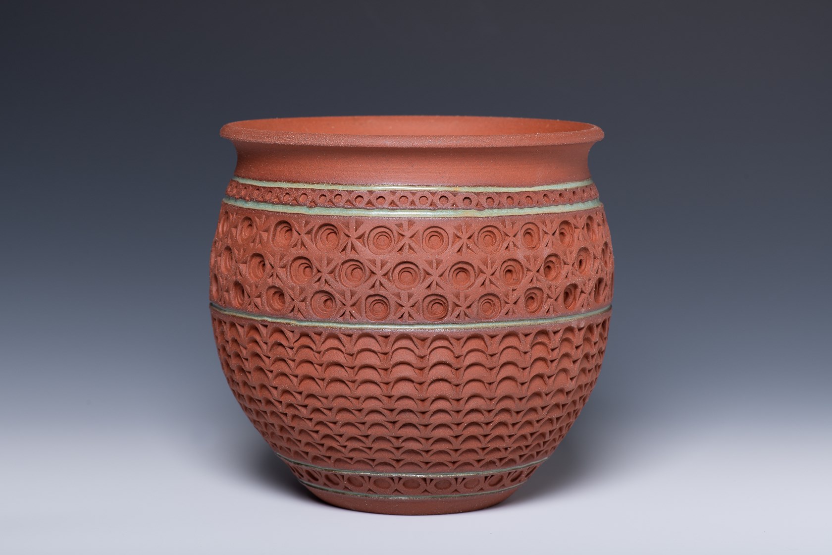 Mary Ellen Salmon, Textured planter 1, 9 in. (23 cm) in height, earthenware, 2020. www.salmonpottery.com