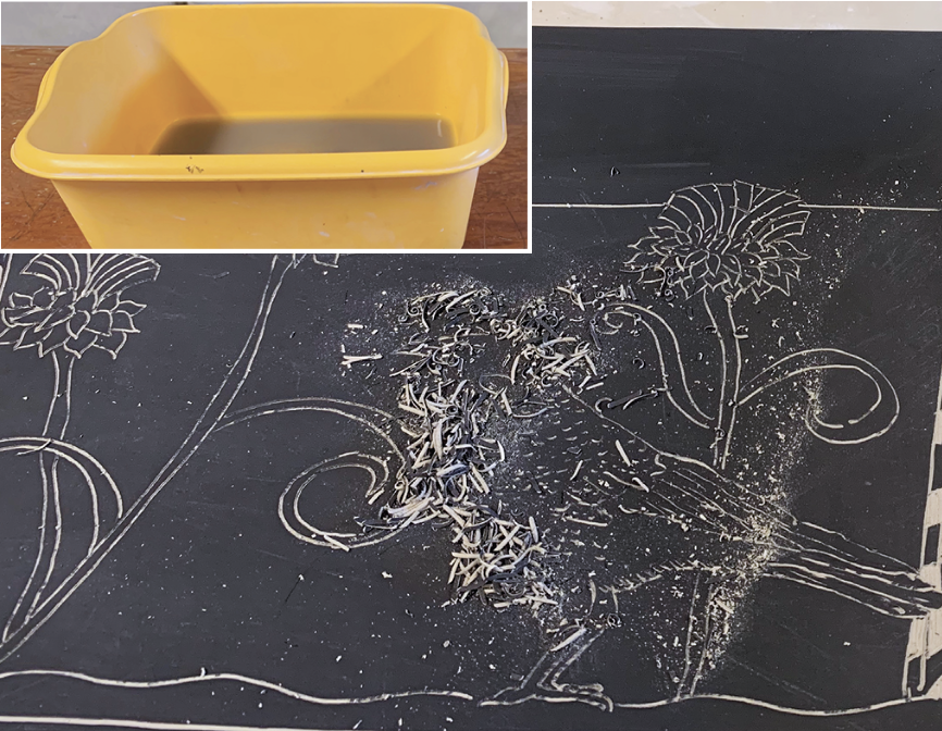 4 To mitigate dust as clay dries, brush small bits of removed clay into a tub of water using a soft brush.