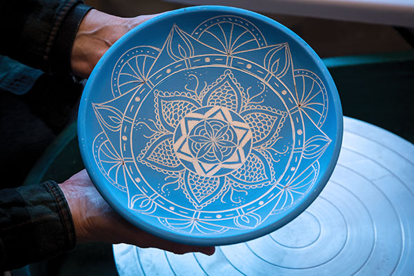 6 The completed sgraffito bowl mandala design on the interior, ready for bisque firing.