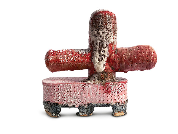 4 Jill Birschbach’s Pink Cross, 23 in. (58 cm) in height, buff stoneware, slip, glaze, fired to cone 6 in oxidation, 2020.