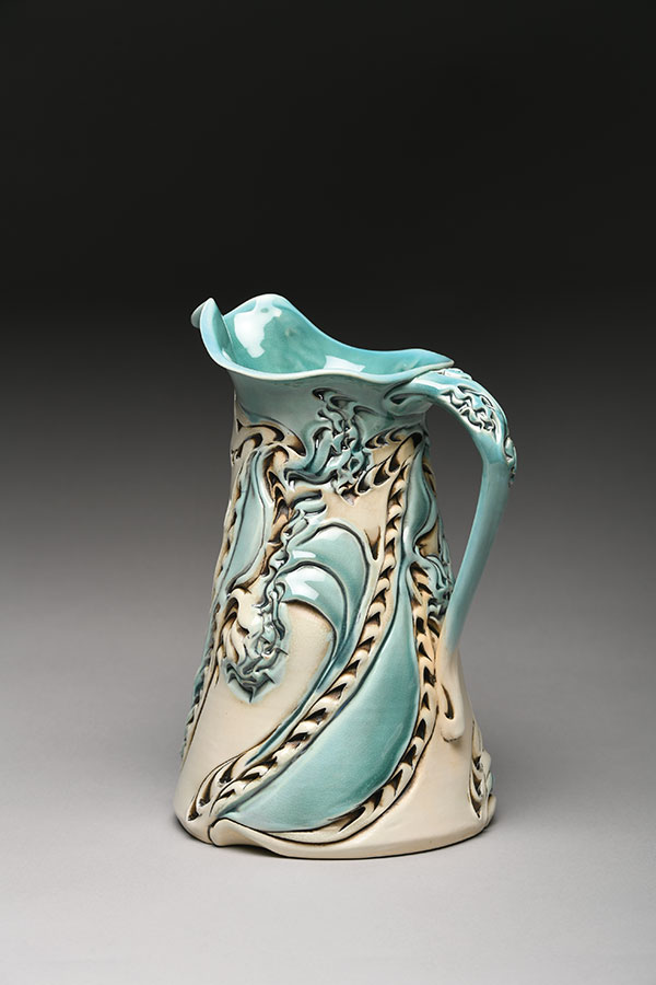 Dragon Flower Pitcher, 10 in. (25 cm) in height, porcelain, soda fired to cone 7, 2019. Photo: Woody Williams.