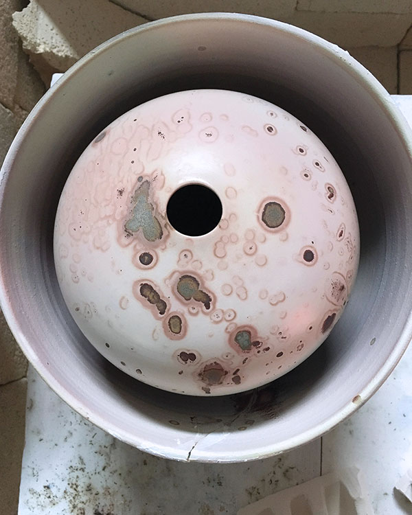 13 Vessel with copper chloride (see 11) after refiring in a saggar to 1750°F (954°C). 