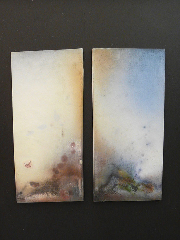 2 Inspired by Turner, porcelain tile wired together to hold combustibles in a saggar.