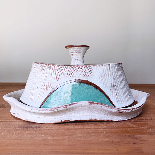 5 Butter dish, 6 in. (15 cm) in length, mid-range red stoneware, glaze, fired to cone 5, 2018.
