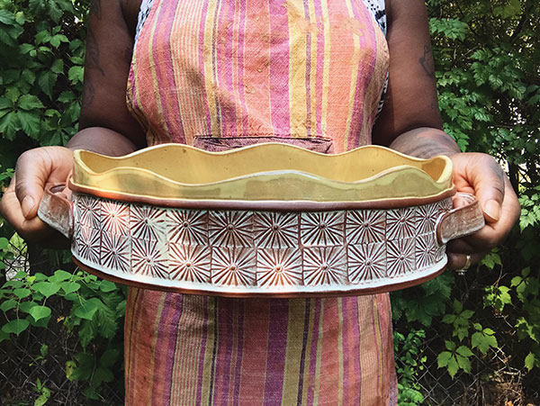 1 Double-handled serving dish, 14 in. (36 cm) in length, slab-built mid-range red stoneware, glaze, fired to cone 5, 2019.