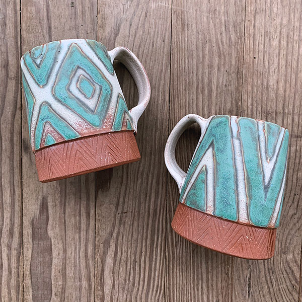 6 Pair of mugs, 5 in. (13 cm) in height, wheel-thrown mid-range red stoneware, glaze, fired to cone 5, 2019.