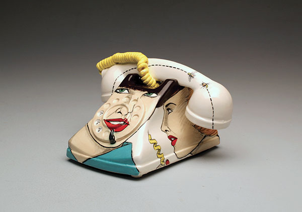 4 Shalene Valenzuela’s Telephone: Yellow Tangle, 9 in. (23 cm) in length, slip-cast earthenware, underglaze illustration, 2019.