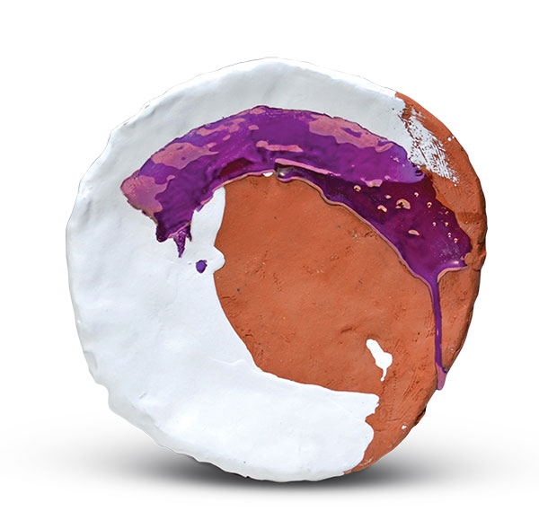 6 Untitled plate, 16 in. (41 cm) in diameter, handbuilt earthenware, slip, glaze, fired to cone 1 in an electric kiln, luster, 2018.
