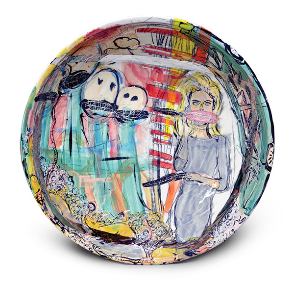 Bowl, 22 in. (56 cm) in diameter, wheel-thrown earthenware, slip, underglaze, glaze, fired to cone 1 in an electric kiln, luster, 2015.