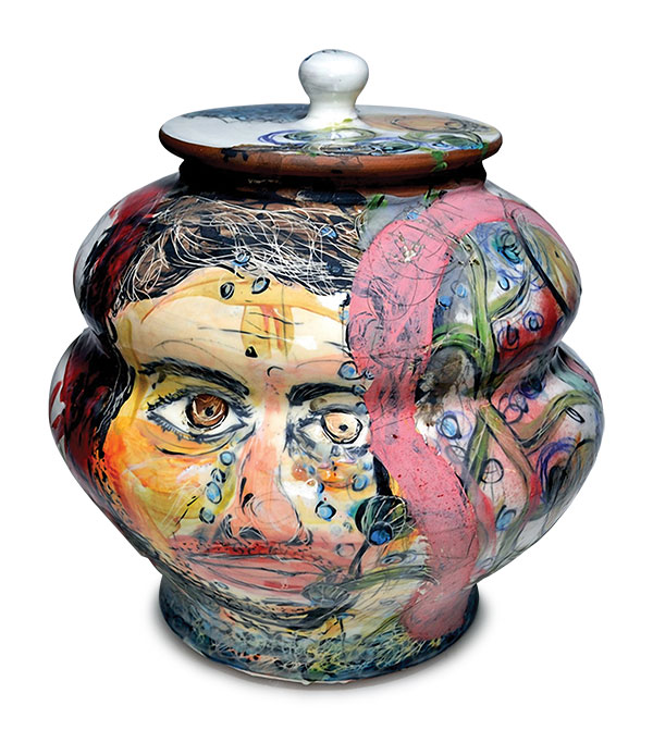 5 Jar with lid, 26 in. (66 cm) in height, wheel-thrown earthenware, slip, underglaze, glaze, fired to cone 1 in an electric kiln, luster, 2015.