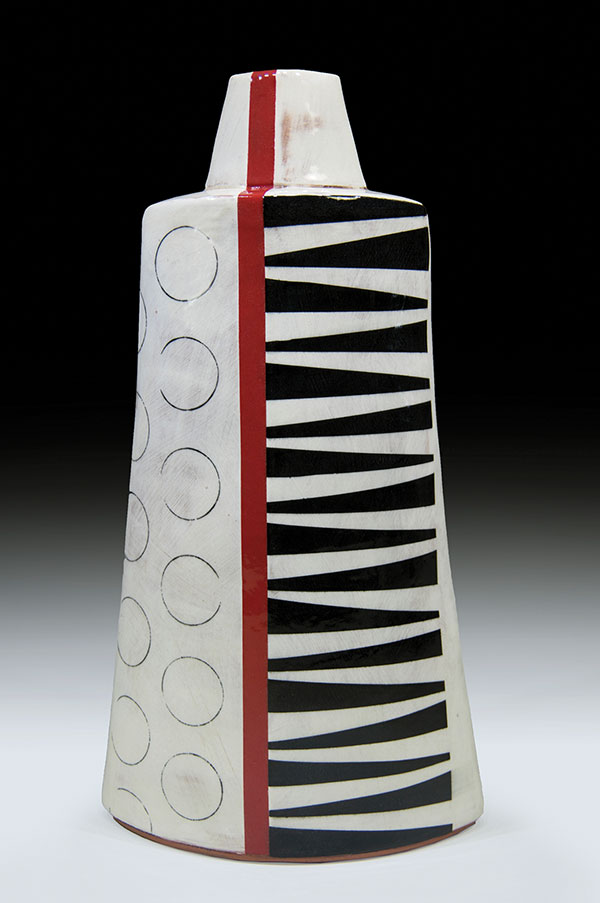 3 Lisa Pedolsky’s flask vase, 15 in. (38 cm) in height, earthenware, multiple glazes.