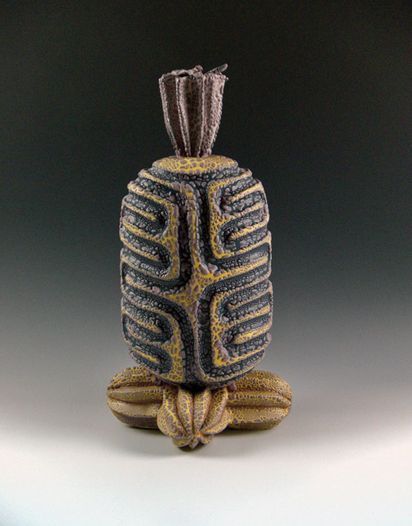 1 Robert Milnes’ Pineal, 21 in. (53 cm) in height, handbuilt cone-04 white stoneware, colored slips, glazes, 2019.
