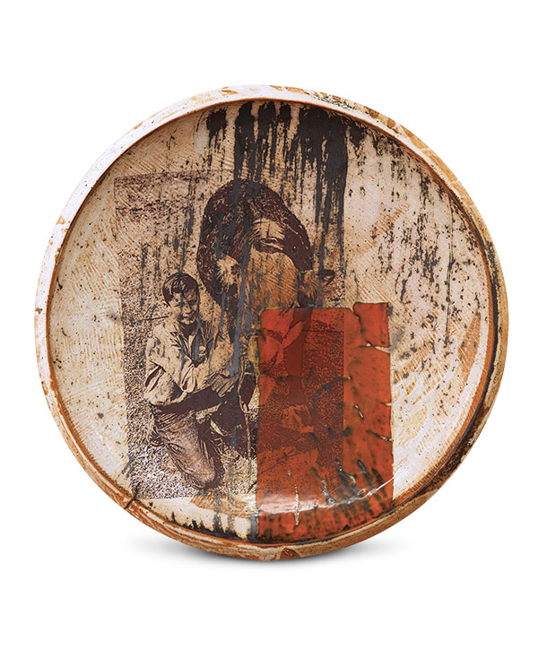 1 Shane Christensen’s Grand Champion, 26 in. (66 cm) in diameter, shino on stoneware, low-fire glazes, decals.