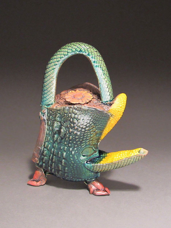 NOLA Recycle Teapot #2, made with molds taken from: garfish skin, lace, alligator skin, flower, cooked corn and crawfish, dead branch, end of a wood piling, raccoon tracks in the mud, and peeling paint.