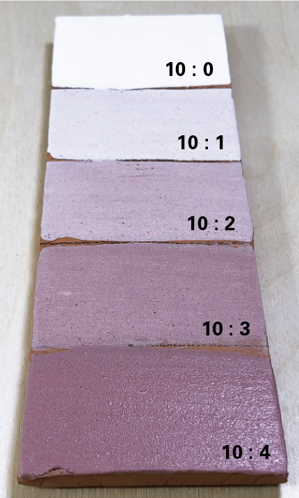 8 Color progression of Amaco LUG10 White and powdered Amaco LG57 Intense Red glaze.