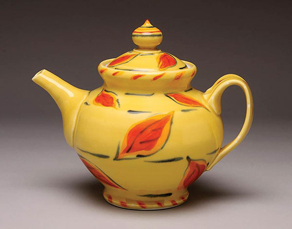 6 Teapot, 8 in. (20 cm) in height, porcelain, glaze, Amaco underglazes, fired in a gas kiln in oxidation to cone 10.
