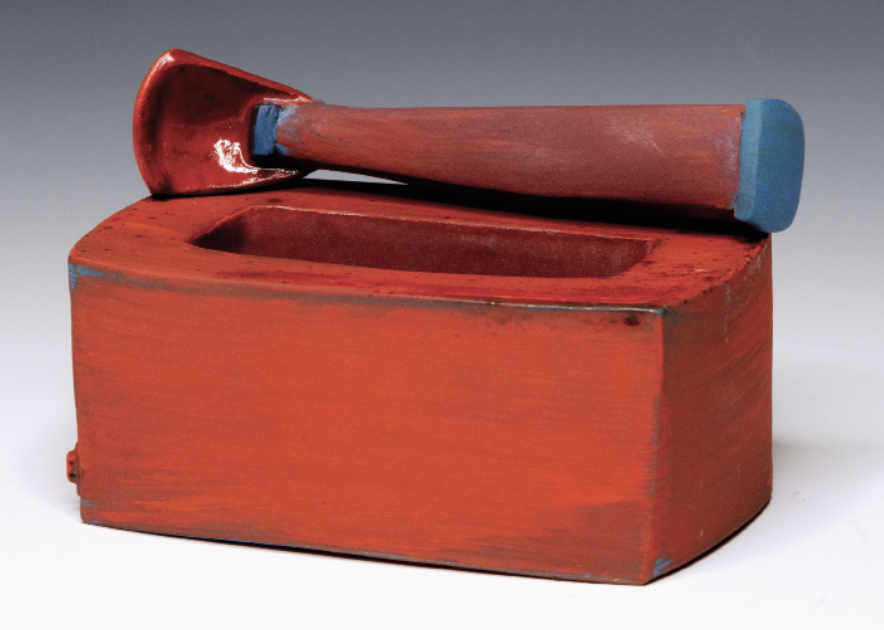 Salt dish and scoop 4¼ in. (11 cm) in length, handbuilt cone-3 red clay, underglaze, glaze, fired in an electric kiln, 2020.