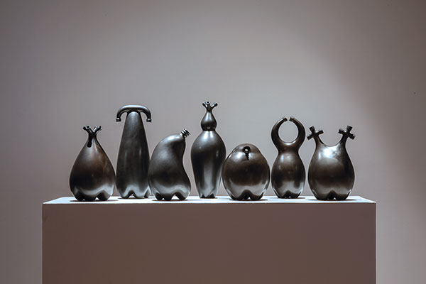 9 Installation view of Jami Porter Lara’s pit-fired foraged clay vessels.
