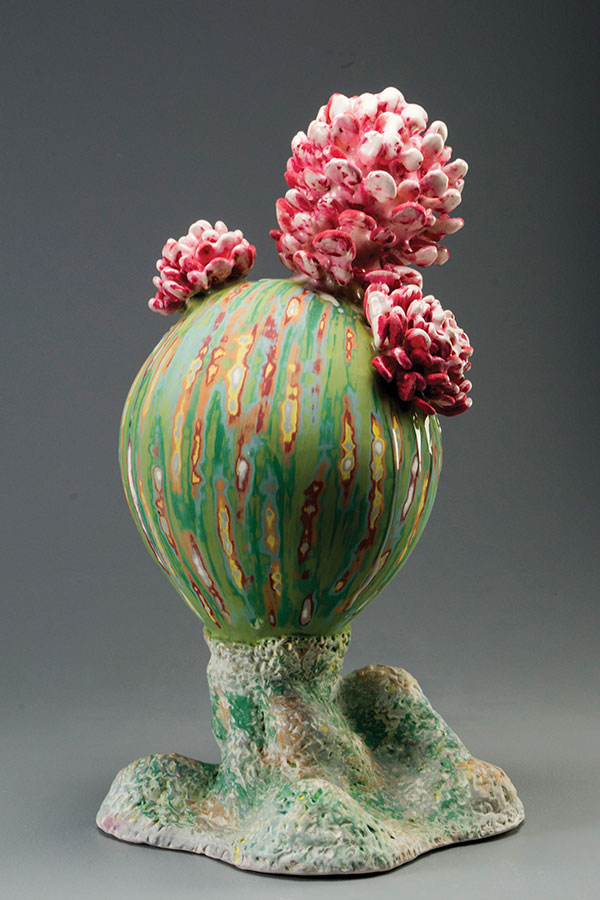 1 Whitney Timbrook’s Cactus, stoneware, underglaze, glaze, flocking.