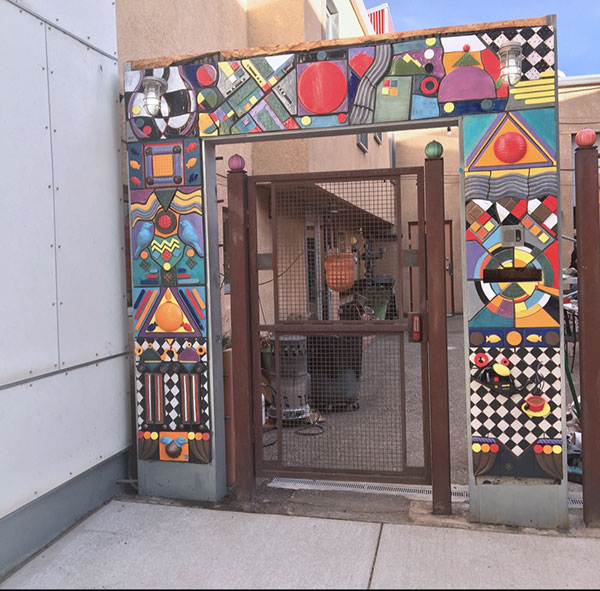 3 Arcus Ingressum, ceramic mural installation at Plinth Gallery, 8 ft. (2.4 m) in length, slab-built ceramics, fired to cone 5, 2017. Concept, fabrication, and installation by Nan Kitchens with assistance from Jonathan Kaplan. 