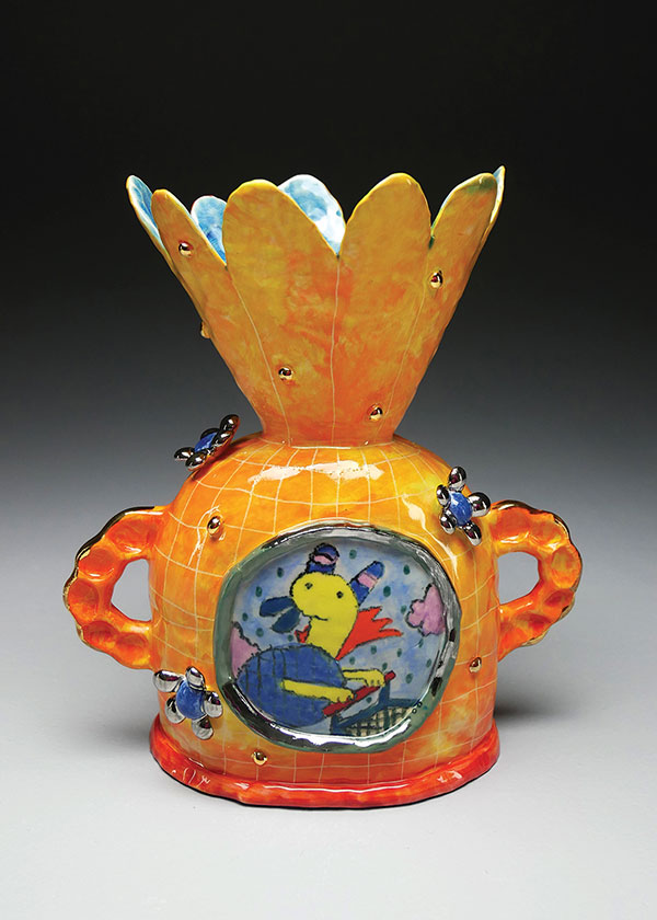 12 Chanakarn Semachai’s What’s for Dinner? Vase, 8 1/2 in. (22 cm) in height, stoneware, underglaze, glaze, luster, 2019. 