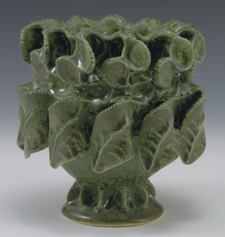 17 Blossom with Pedestal Foot, 5 in. (13 cm) in height, pinch-formed mid-range PSH #519 stoneware, Vari-egated Green (Varigreen) glaze.