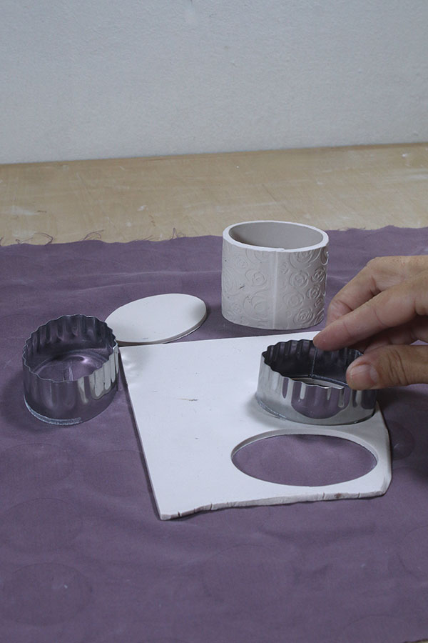 5 Using a metal cutter, cut two ovals for the shoulder and bottom from a slab of the same thickness as the body.