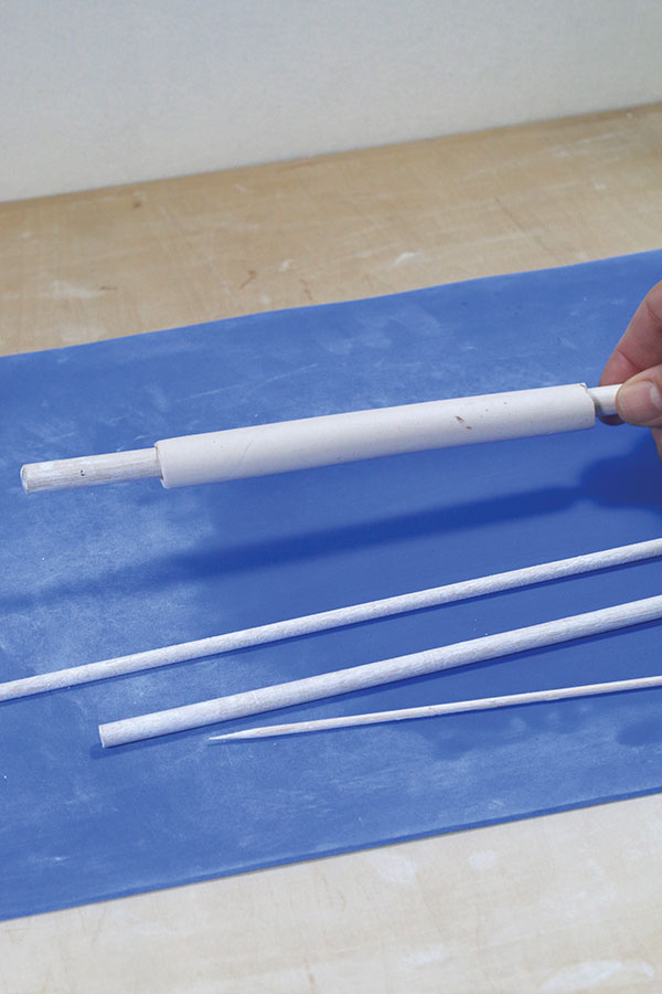 10 When rolling, use progressively thicker dowels to thin the wall. Cut necks of different lengths before removing the dowel.
