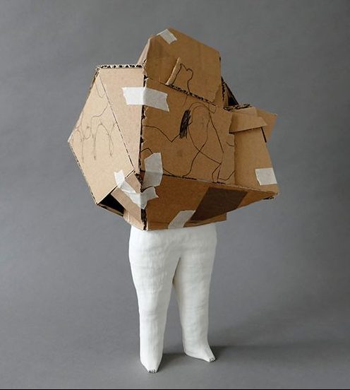 2 Elsa Alayse’s Ma maison est en carton...n°81.i, 16½ in. (42 cm) in height, handbuilt paper porcelain, monotype-printed cardboard, twine, 2020.