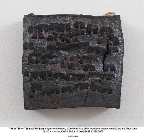 10 Brick Reliquary–Square with Marks, 12 in. (31 cm) in height, wood-fired brick, wood ash, magnesium dioxide, black stain, 2020. Copyright Theaster Gates. Photo: Robert McKeever. Courtesy of Gagosian Gallery.