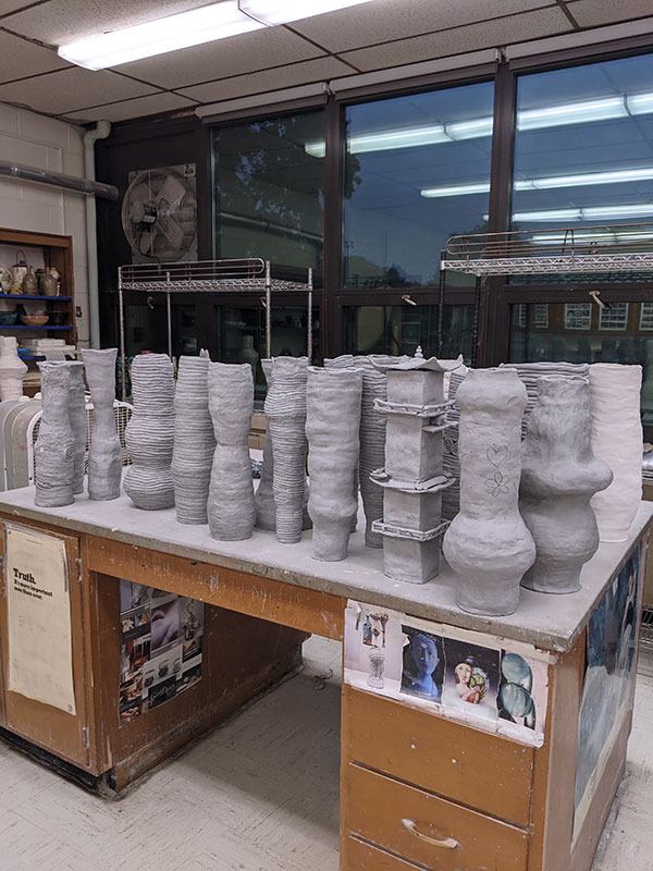 3 Clark’s introduction to ceramics students’ greenware coil vases as they were delivered to school.