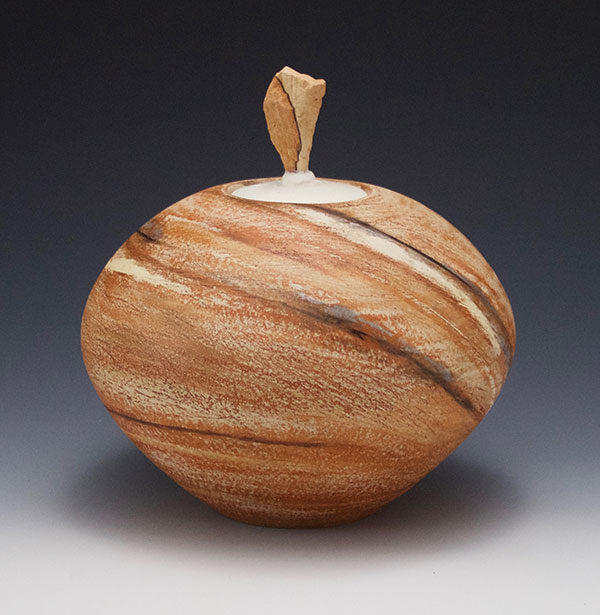 8 Sandstone Striations, 12 in. (30 cm) in height, wheel-thrown white earthenware, wild clay slips, abraded, low fired, sandstone rock-handled lid, 2017.
