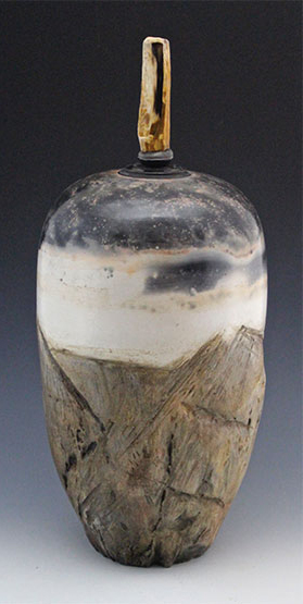 14 Ceramic Genealogy I, 20 in. (51 cm) in height, wheel-thrown earthenware, textured, terra sigillata, saggar fired, petrified rock-handled lid, 2014.