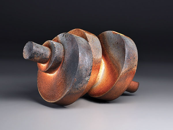 5 Artifact Series Cam 22, 18 in. (46 cm) in width, slab-built white stoneware, glaze, slip, cone 04 black wash, anagama fired to cone 10, 2016.