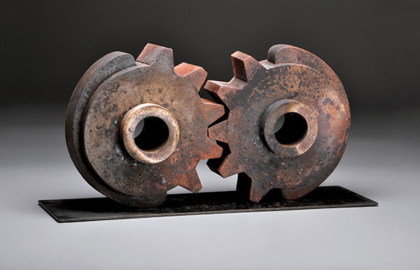 8 Artifact Series Partners, 31 in. (79 cm) in width, slab-built and extruded white stoneware, glaze, slip, wood fired to cone 10, saggar fired to cone 4, steel plate, 2019.