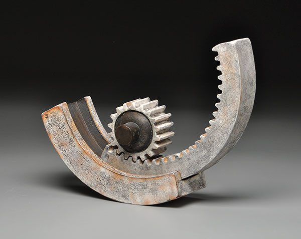 2 Mechanical Movements Balance, 19 in. (48 cm) in width, slab-built and press-molded white stoneware, glaze, slip, soda fired to cone 10, sandblasted, 2019.
