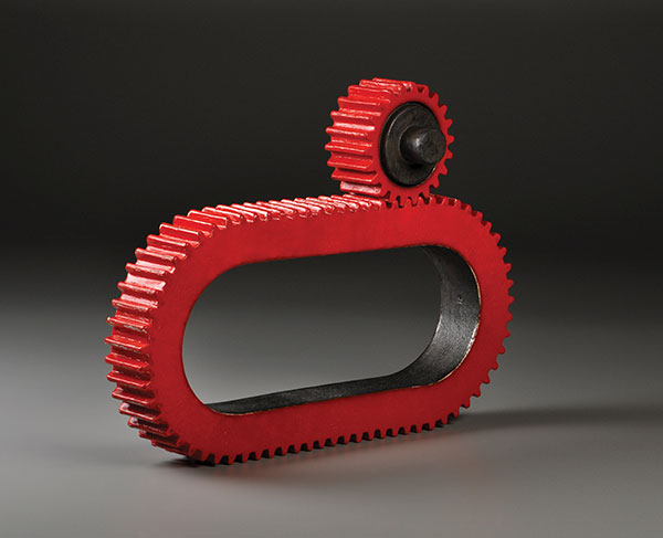 4 Artifact Series Red Spur Gear, 24 in. (61 cm) in length, slab-built and press-molded white stoneware, slip, underglaze, soda fired to cone 10 and mid-range fired to cone 6, 2016.