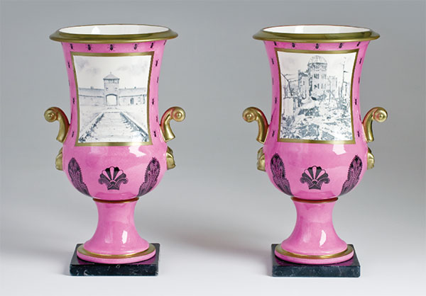 1 Laurent Craste’s Paire de vases Médicis. Série des scènes pittoresques: Hiroshima et Auschwitz, 15¼ in. (39 cm) in height, porcelain, glaze, lead pigments, matte burnished gold, marble, hand-painted scenes, screen-printed patterns, 2010. Photo: David Bishop Noriega.