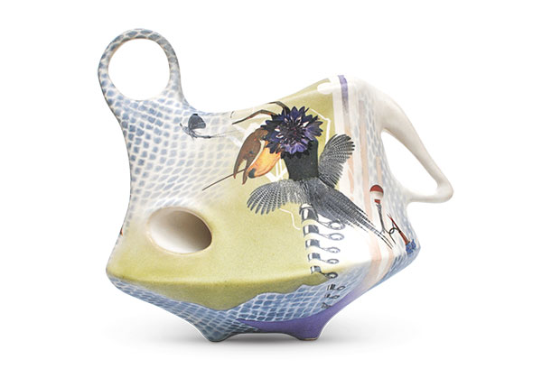 1 River Voice, 10 in. (25 cm) in width, stoneware, glaze, fired to cone 6 in oxidation, china paint, ceramic decals, 2020.