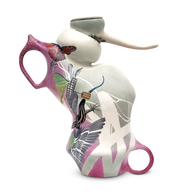 2 Le Chat, 11 in. (28 cm) in height, stoneware, glaze, fired to cone 6 in oxidation, china paint, bronze, 2020.