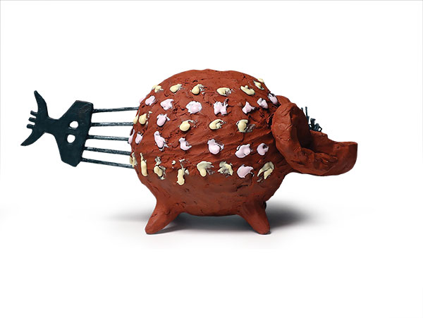 2 Moisturized Sheep, 16 in. (41 cm) in length, ceramic, steel nails, fired to cone 1 in oxidation, 2020.
