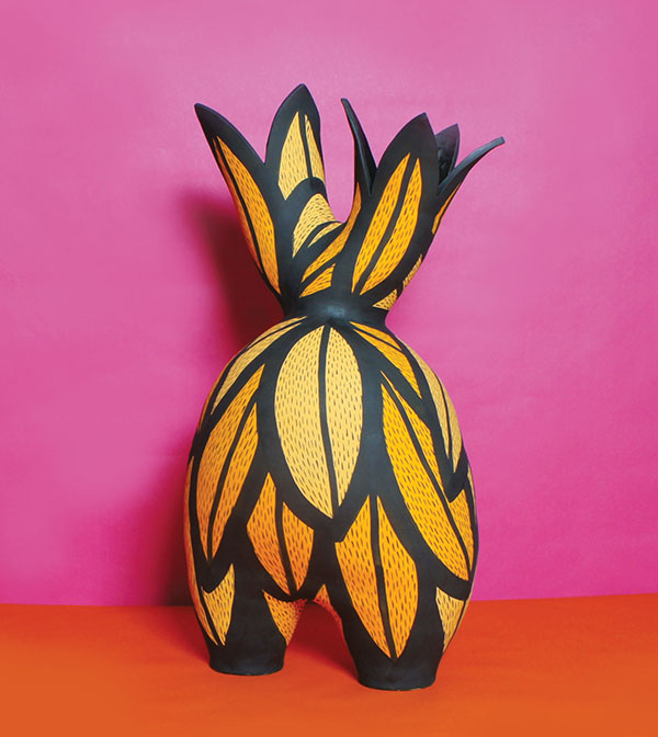 2 Orange Bloomer, 20 in. (51 cm) in height, red stoneware, underglaze, fired to cone 6 in oxidation, 2020.