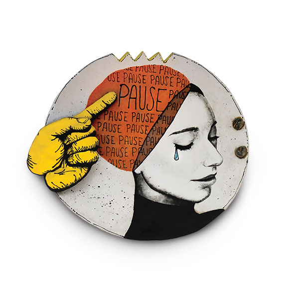 1 Pause, 11 in. (28 cm) in width, stoneware, glaze, commercial slip, mid-range firing, 2019.
