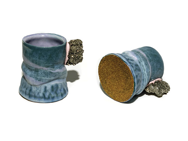 1 POPJCT Ruff Cut, 5 in. (13 cm) in width, wheel-thrown stained porcelain, glaze, fired to cone 6 in oxidation, epoxy, glitter, resin, Mason stain, pyrite, 2020.