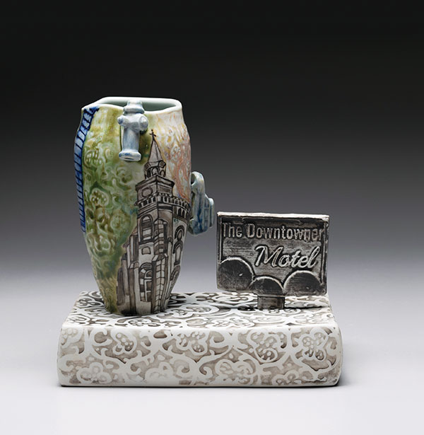 2 Downtowner, 9 in. (23 cm) in height, Grolleg porcelain, fired to cone 11 in reduction, 2021.