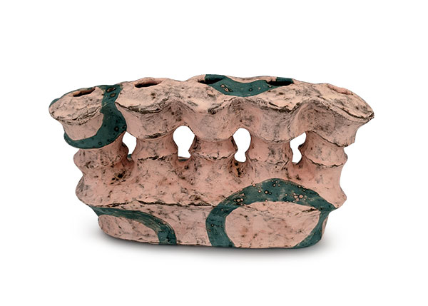 2 Pastel Pink Flower Brick, 8¼ in. (21 cm) in length, stoneware, terra sigillata, glaze, borax wash, fired to cone 4 in oxidation, 2021.